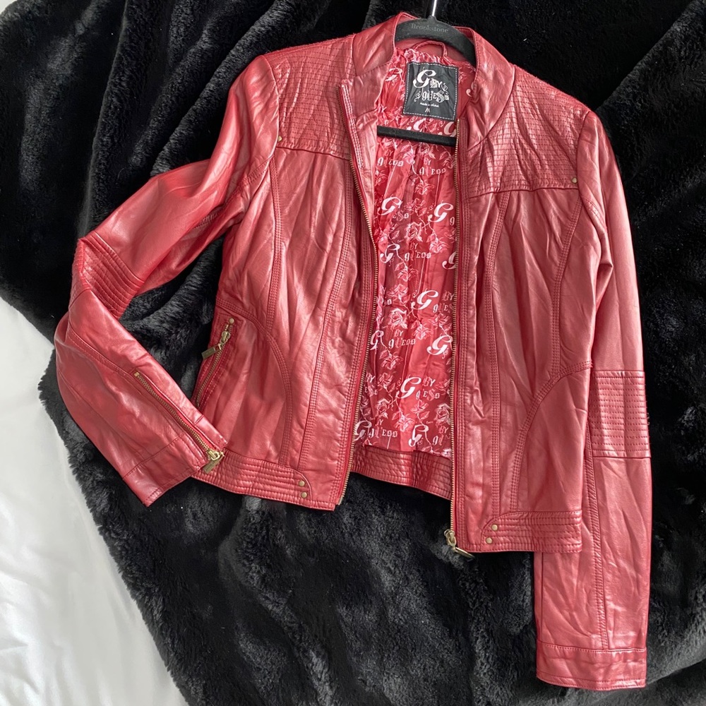 Red faux leather Guess jacket size M
